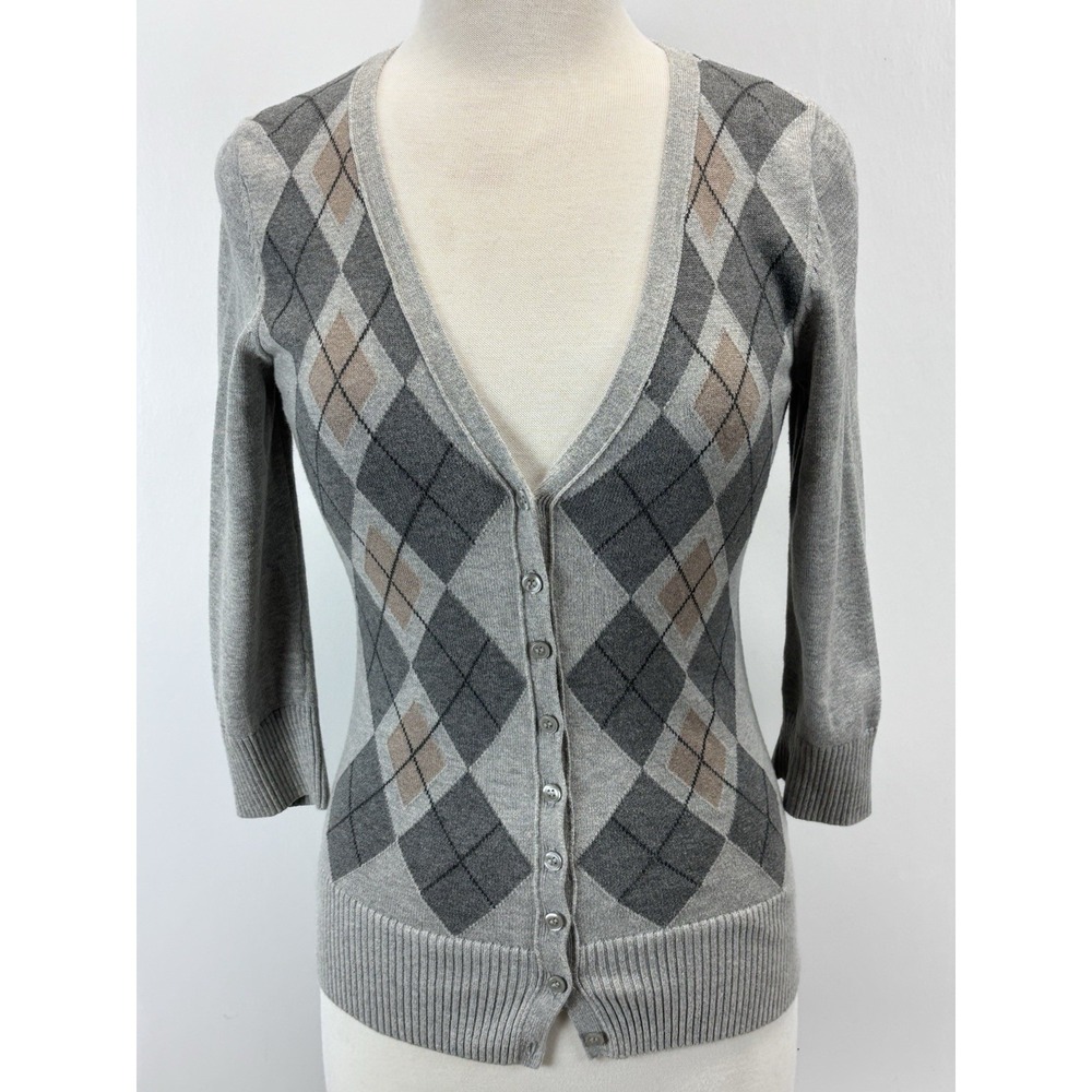 The Limited Grey Argyle Cardigan Sweater Small Women's Stretch Y2K 3/4 Sleeves